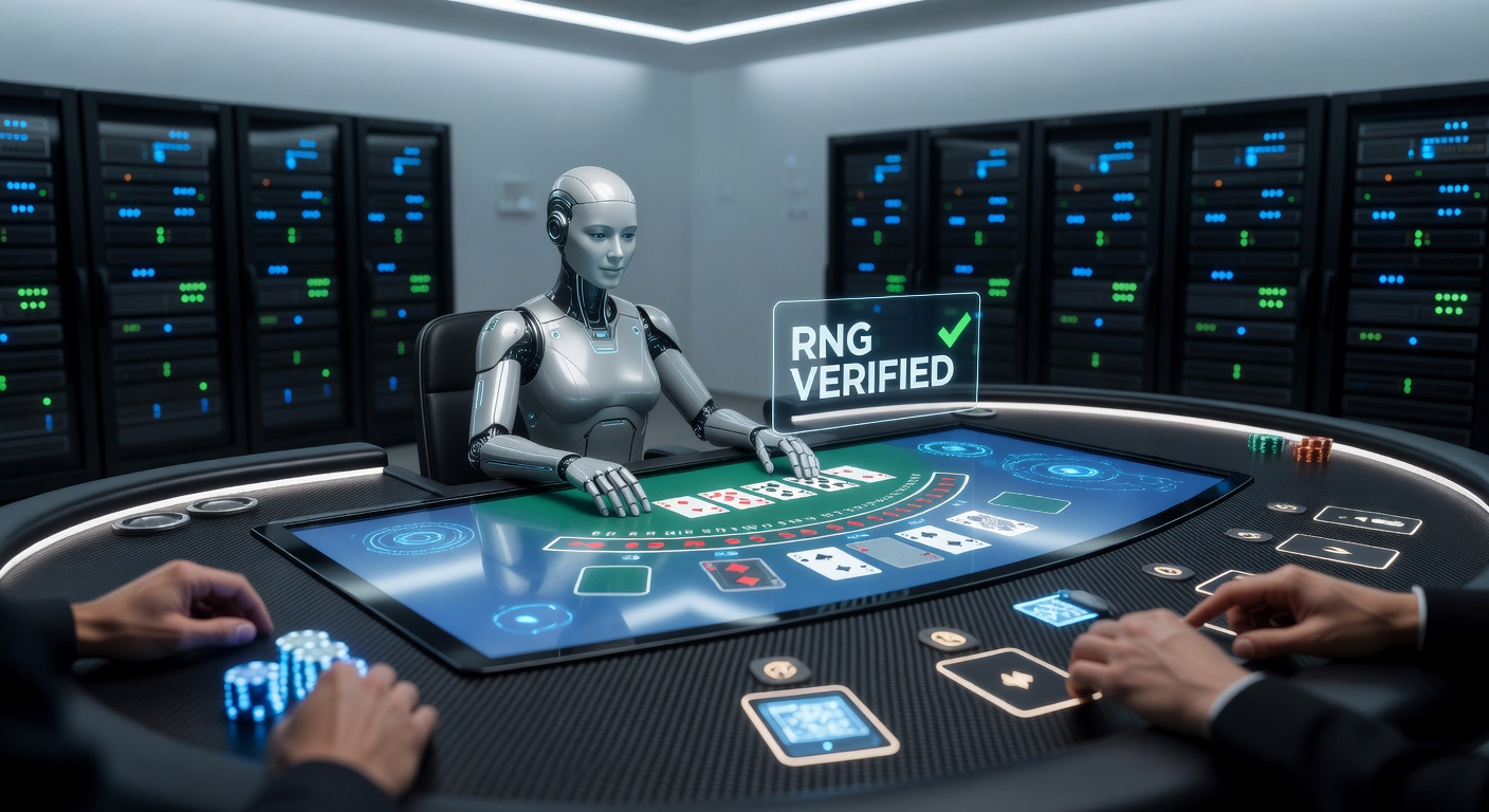 Nahaufnahme einer RNG-Simulation mit grafischen Darstellungen von Kartendecks und Zufallsalgorithmen in Aktion
