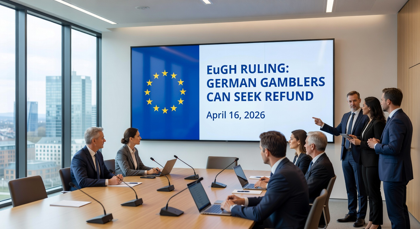 Symbolbild eines Spielers am Computer mit Online-Casino und EuGH-Urteil im Hintergrund, das Regulierung und Rückerstattungsansprüche darstellt