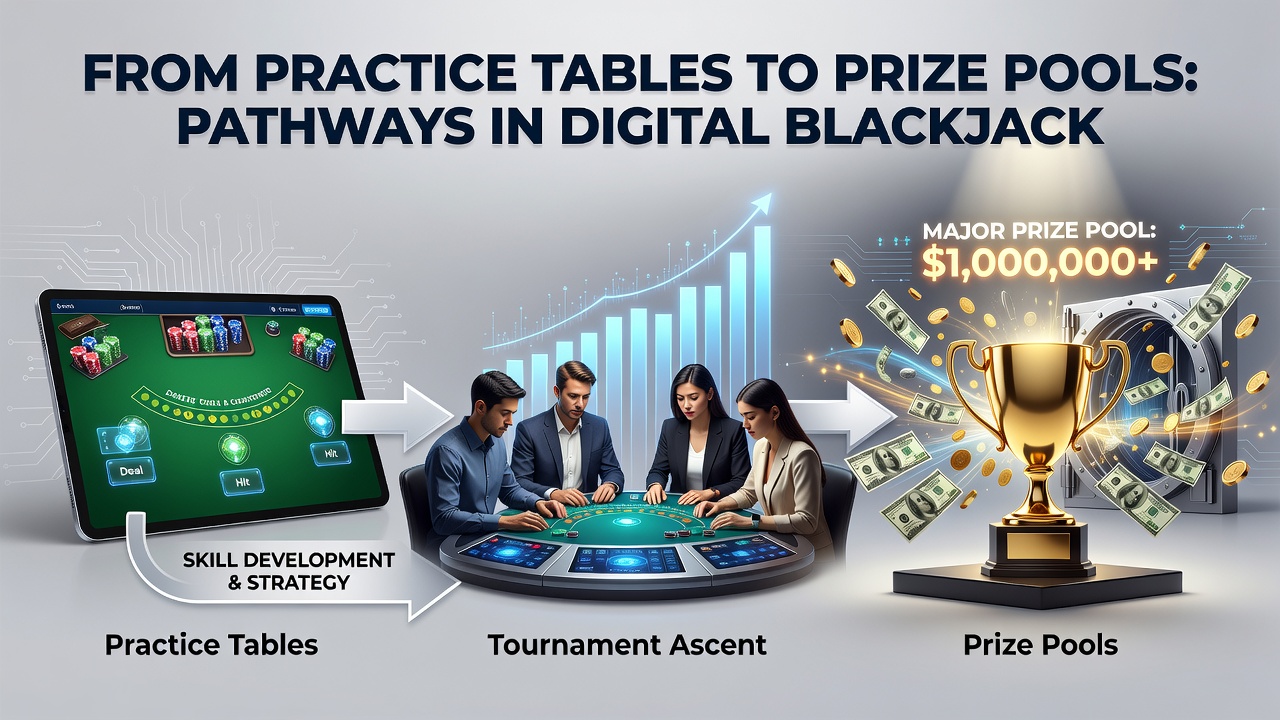 Blackjack-Turnier mit Preispool-Anzeige und Teilnehmern an digitalen Tischen