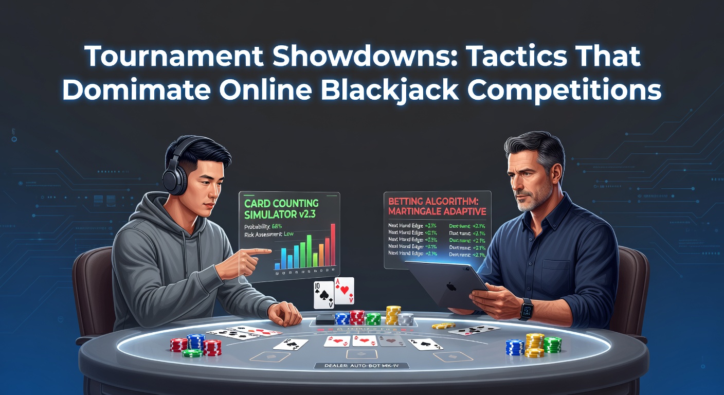 Spieler am Laptop in einem intensiven Online-Blackjack-Turnier, mit Chips und Karten auf dem Bildschirm